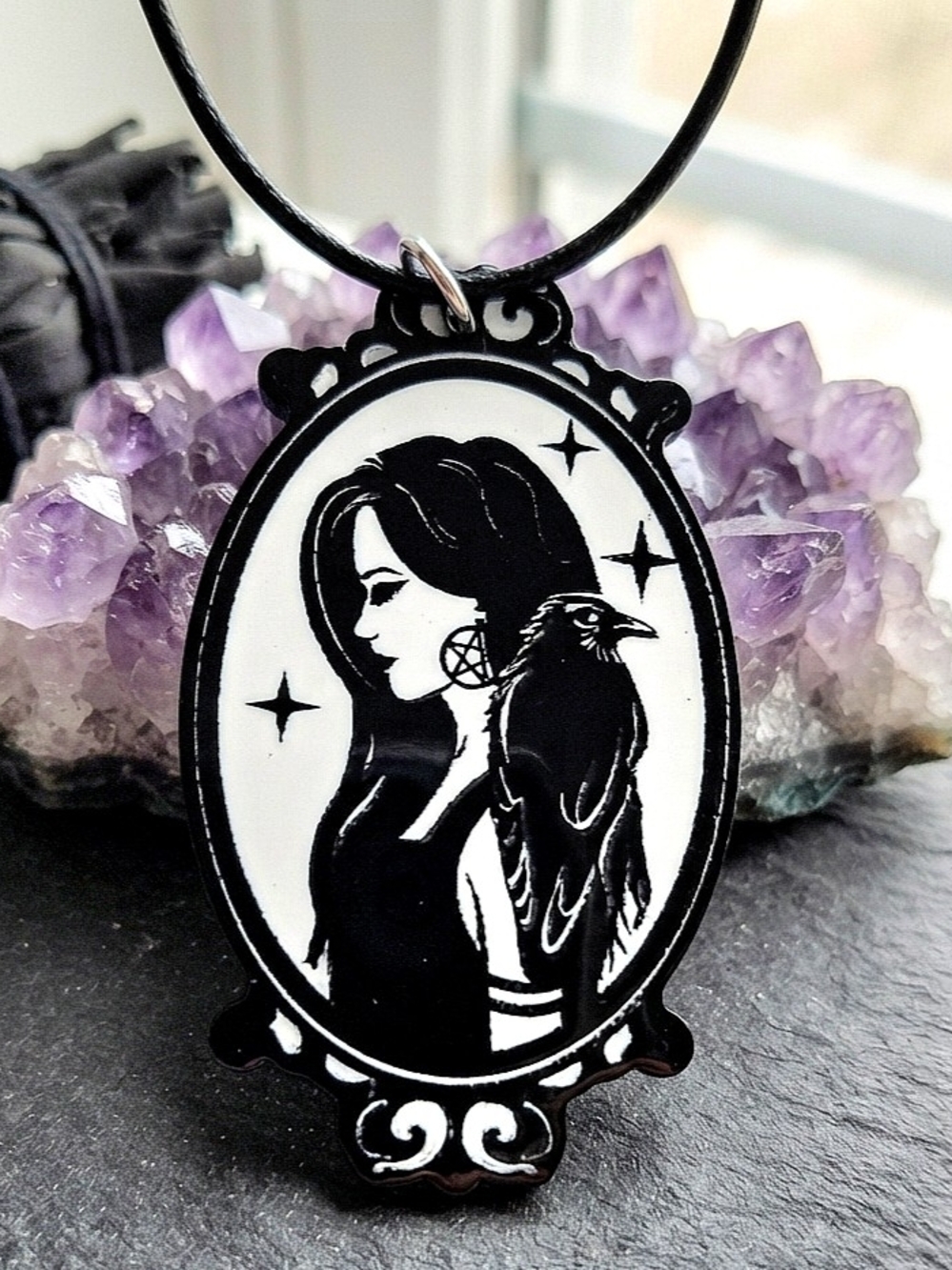 Witchy Gothic Dark Black Raven Women Occult Wiccan Portait Resin Necklace Amulet